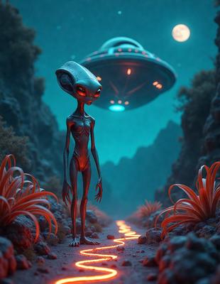 The primary subject of the image is a small alien figure standing on a path. The setting is a rocky landscape with a large spaceship in the background. The visual style appears to be a digital art or illustration, creating a unique and intriguing atmosphere. The dominant colors in the image are red and blue, which contribute to the overall mood and create a sense of mystery and wonder.